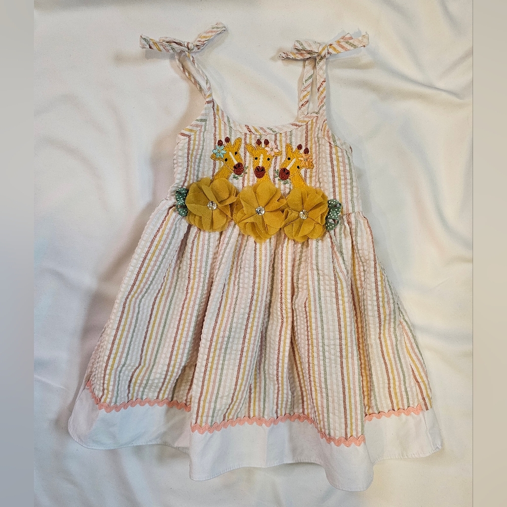 Good Lad Multicolor Striped Dress- Giraffe Appliques & Yellow Floral Accents- 2T